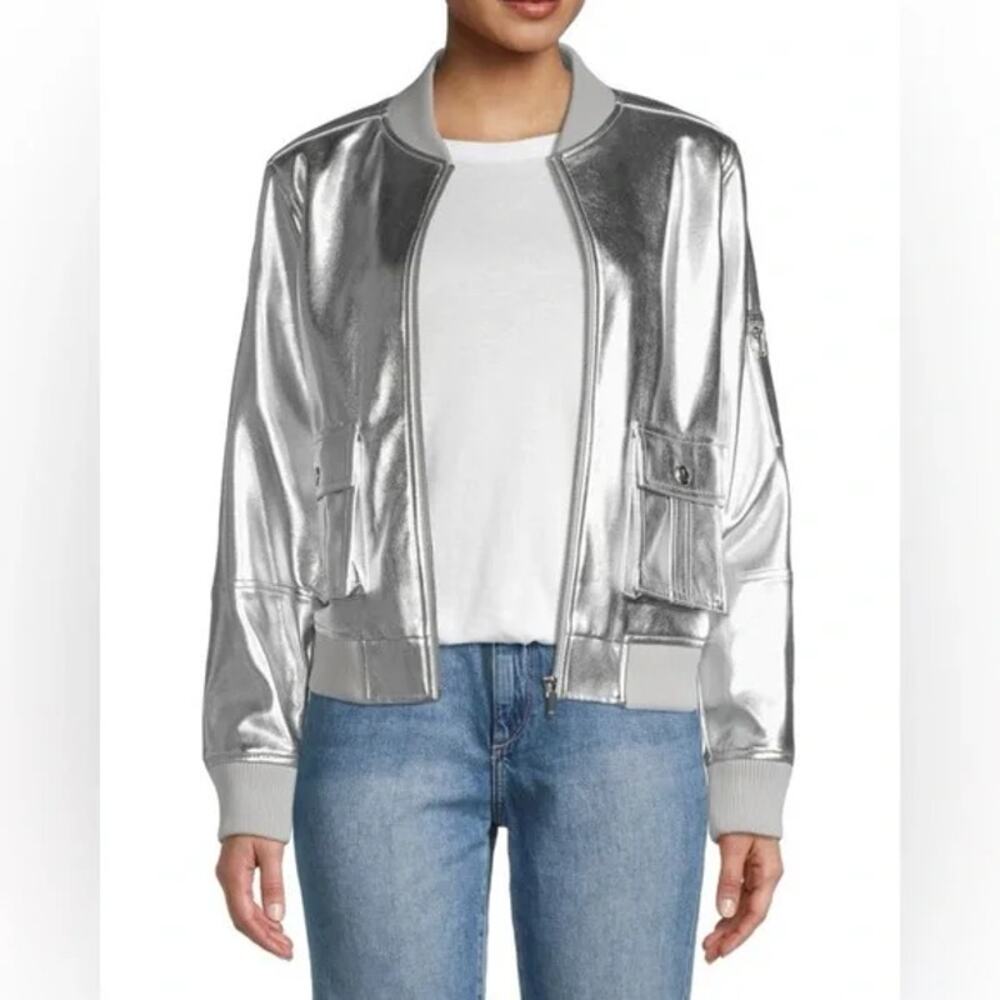 Karl Lagerfeld Shimmering Silver Faux Leather Bomber Jacket Size Large